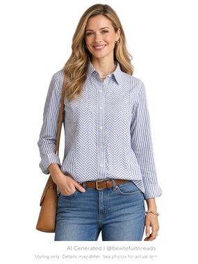 Blue White Stripe Cotton Poplin Blouse Preppy Office Chic Classic 18